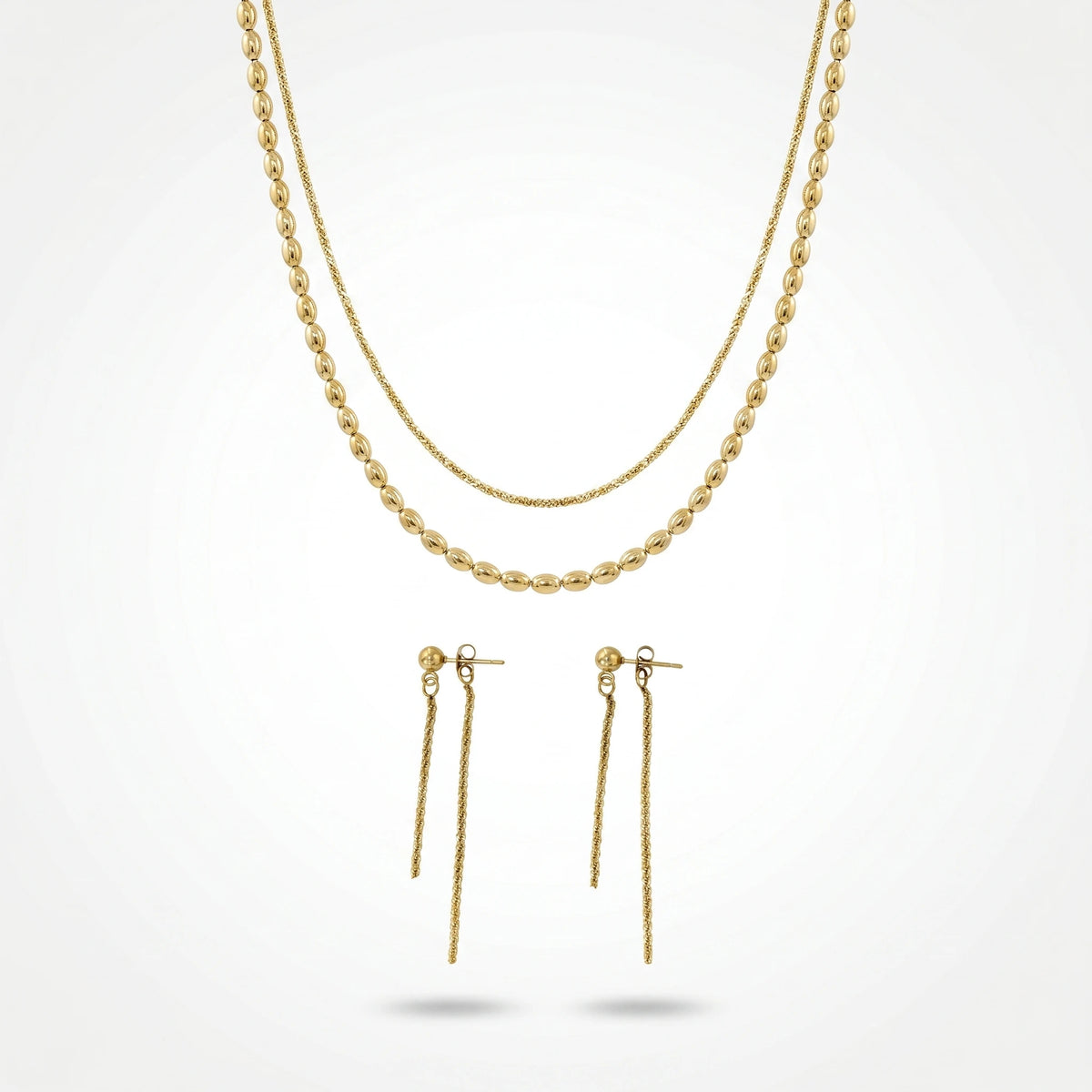 QIAOREN 11542 18K Gold Plated Oval Bead Chain & Tassel Drop Earrings Set Stainless Steel Tarnish Free