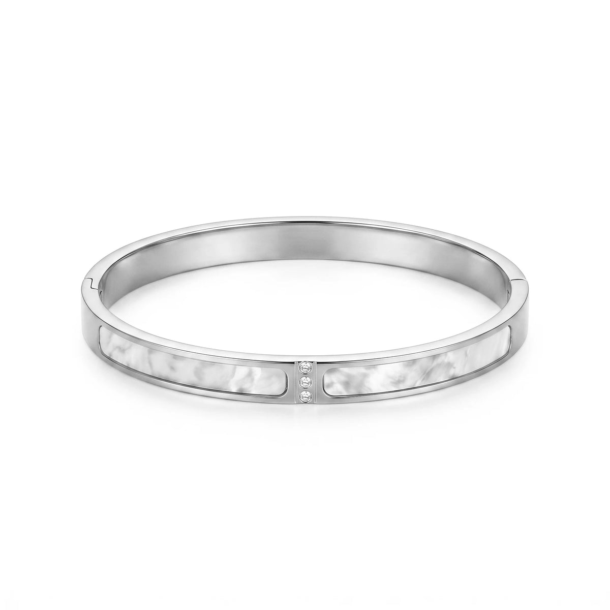 QIAOREN 13663 Flat Open Bangle Bracelet with Dual Inlaid White Mother of Pearl Panels & Three Vertical Tiny Zircon