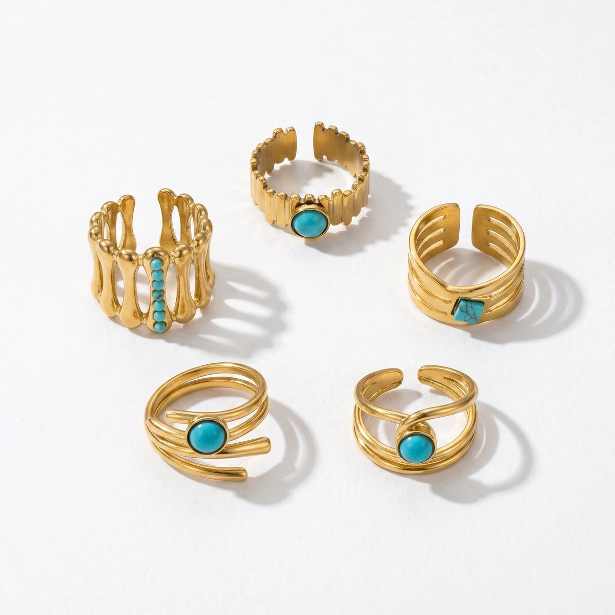 QIAOREN 13151-55 5Pcs Gold Stainless Steel Turquoise Open Ring Set Geometric Stackable Adjustable Boho Waterproof Jewelry