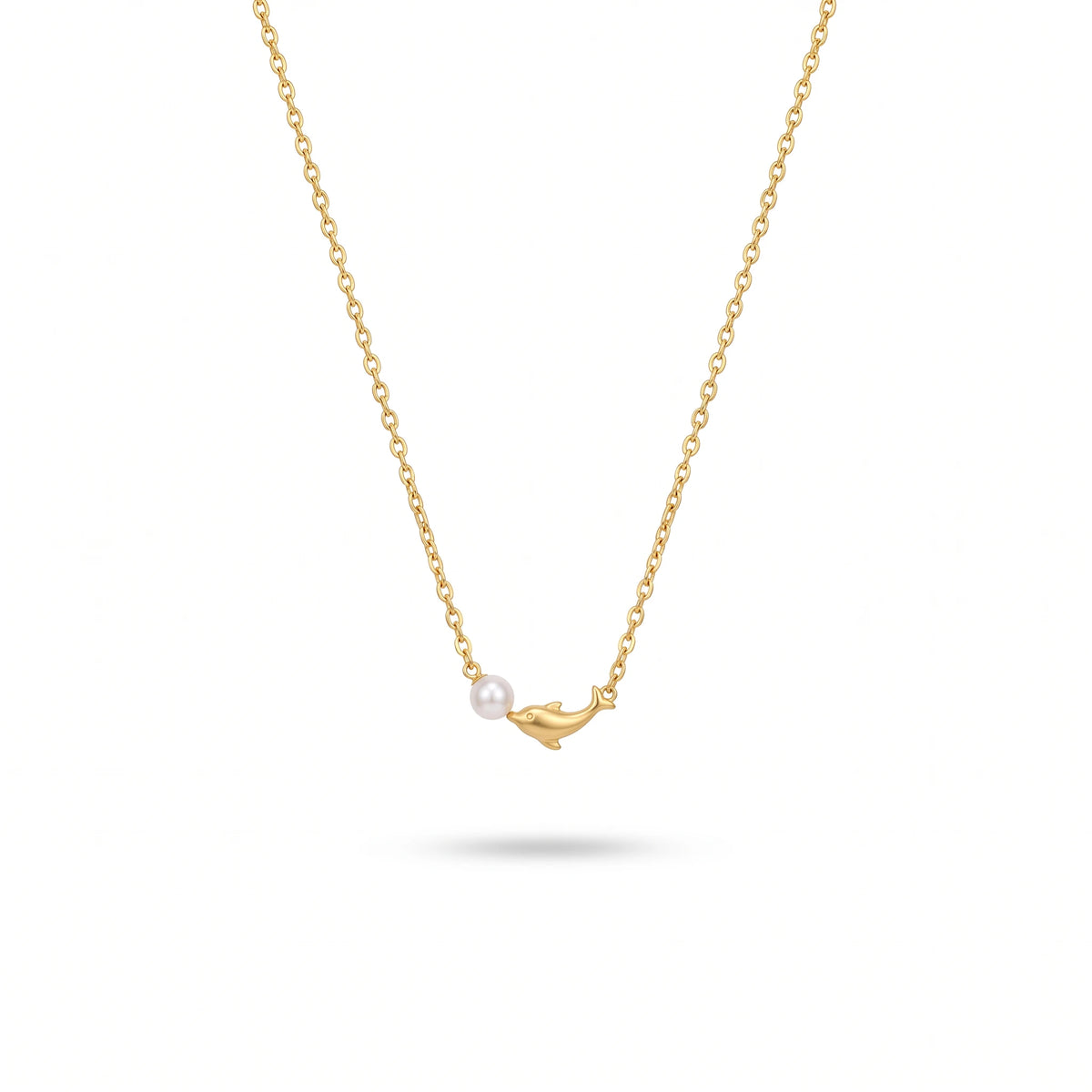 QIAOREN 13931 Thin Oval Link Chain Pendant Necklace with Mini Smiling Dolphin Charm & Single Smooth White Pearl