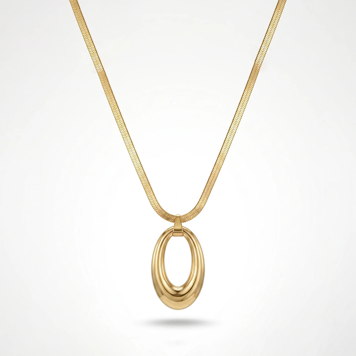 QIAOREN 13159 Gold Plated Oval Pendant Necklace Stainless Steel Herringbone Snake Chain Minimalist Statement Jewelry for Women