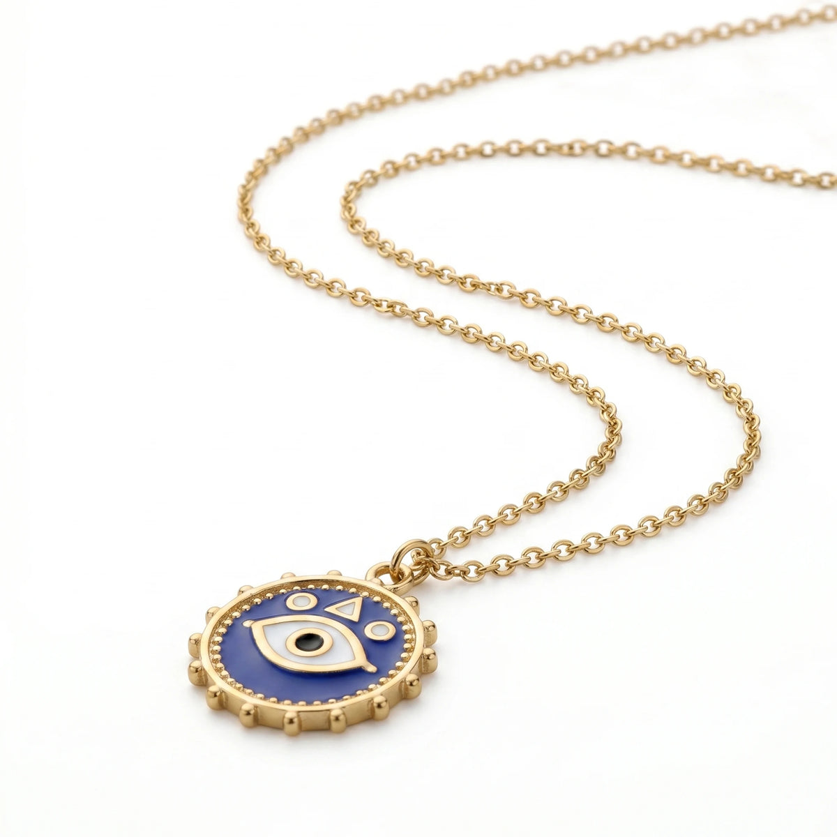 QIAOREN  12816 Tarnish Free 18K Gold Blue Necklace Round Nazar Medallion Pendant 316L Surgical Steel Spiritual Jewelry