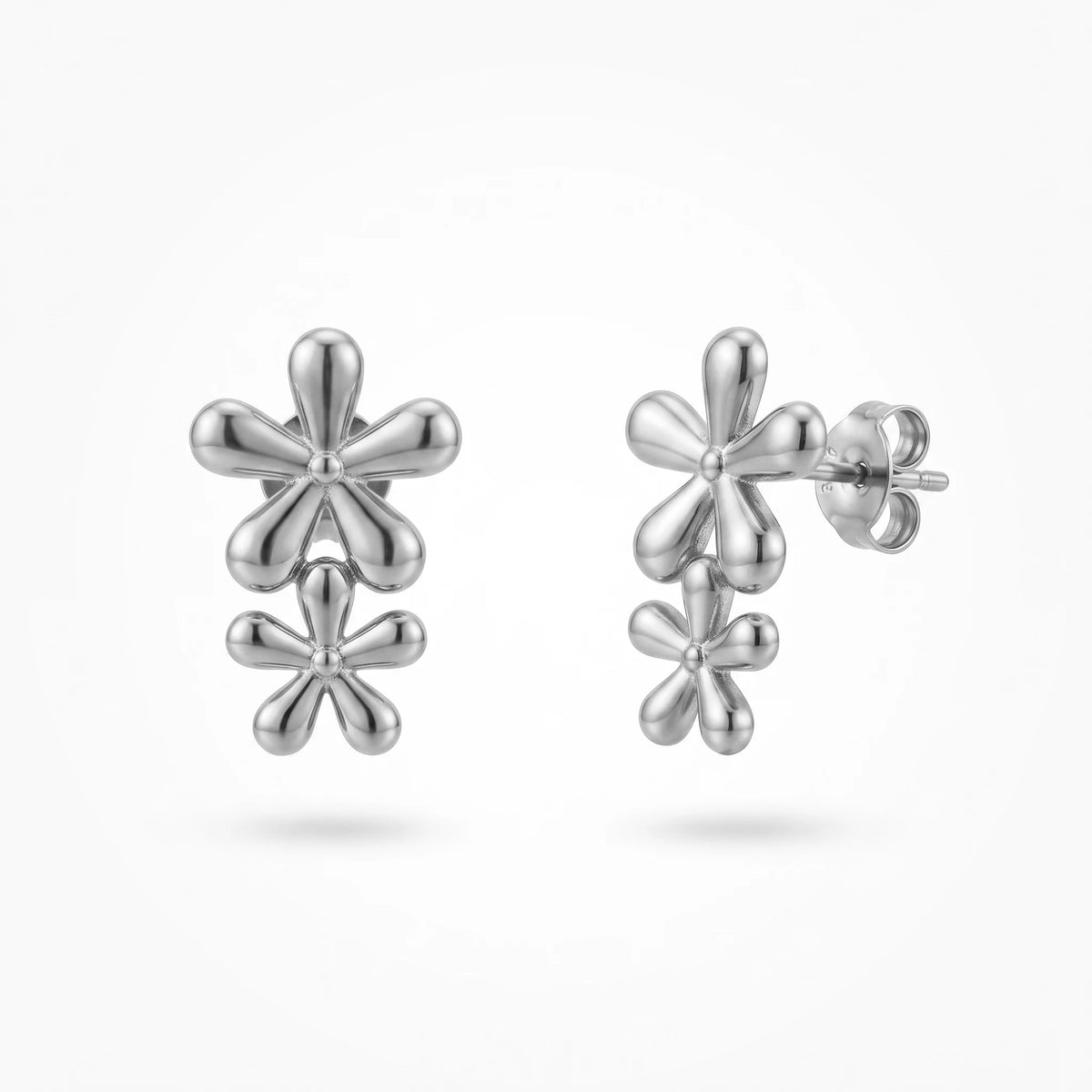 QIAOREN 14031 Polished Gold Double Five Petal Flower Drop Stud Earrings, Vertical Stacked Floral Ear Stud Jewelry Gift