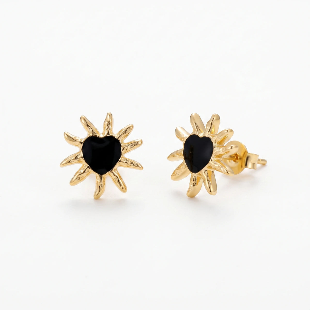 QIAOREN 14035 Matte Gold Sunburst Heart Stud Earrings, Irregular Spike Sun Shape With Black Enamel Heart Center