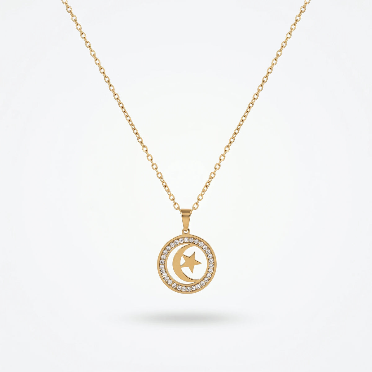 QIAOREN 10851 Trendy 18K Gold Plated Stainless Steel Link Chain Moon and Star Necklace for Unisex Party Daily Wear