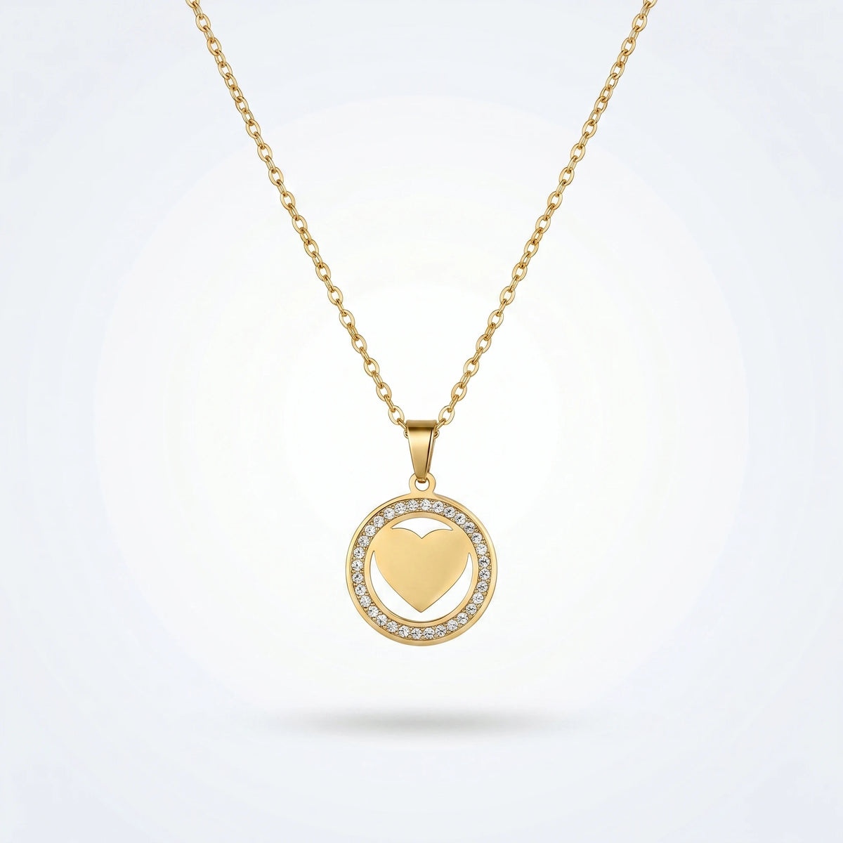 QIAOREN11860 Trendy Sparkling CZ Pave Heart Circle Necklace Stainless Steel Gold Plated Halo Love Pendant Jewelry for Women US