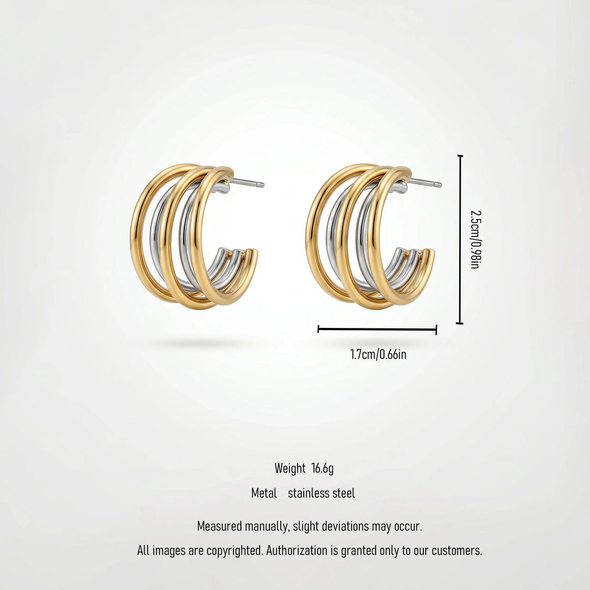 QIAOREN 12760 Waterproof Bi-Color Multi Strand Open C Earrings Stainless Steel Mixed Metal Layered Hoop Daily Ladies Accessory