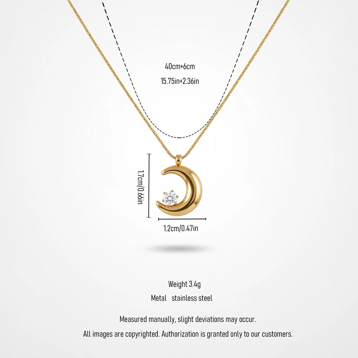 QIAOREN 13726 Thin Snake Chain Pendant Necklace with Smooth Curved Crescent Moon Charm Inlaid Single Round Clear Zircon