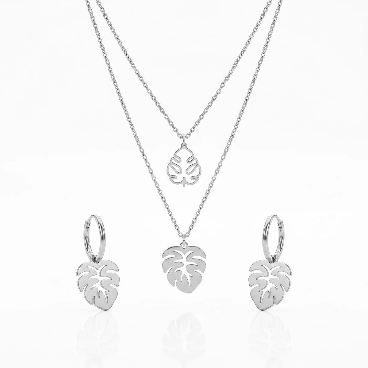 QIAOREN 11894 Waterproof Hollow Monstera Leaf Jewelry Set 18K Gold Stainless Steel 3Pcs Beach-Friendly All-Day Wear Jewelry