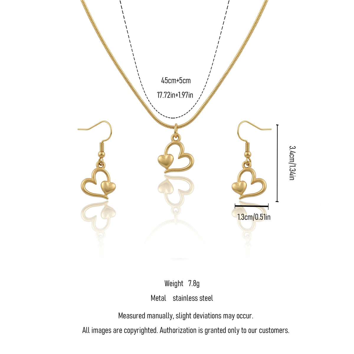 QIAOREN 11573 Minimalist Romantic Double Heart Jewelry Set, 18K Gold Stainless Steel Snake Chain Necklace Dangle Earrings