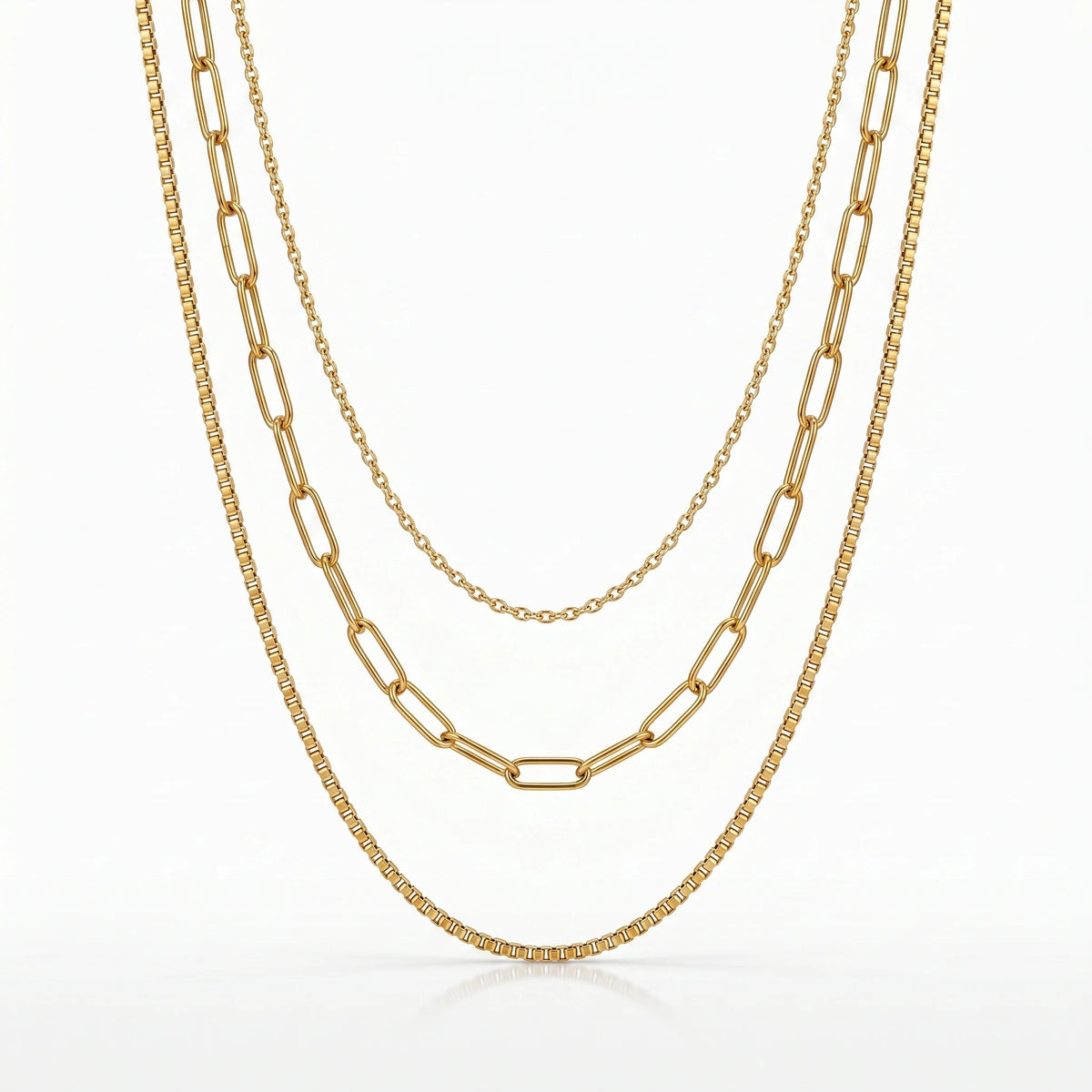 QIAOREN 10590 3 Layered Paperclip Chain Necklace 18K Gold Plated Stainless Steel Waterproof Tarnish Free Trendy Jewelry