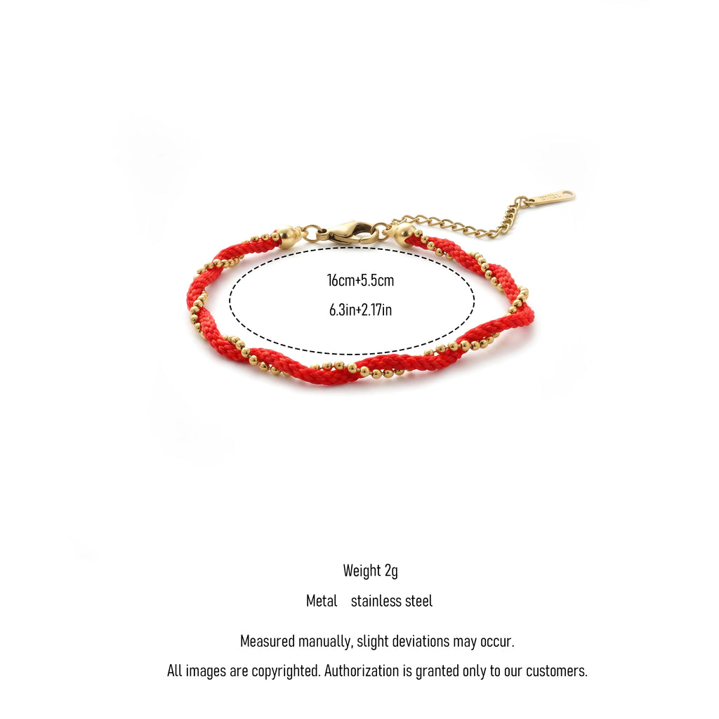 QIAOREN 13288 Gold Plated Stainless Steel Red Braided Rope Bracelet Dainty Beaded Chain Bracelet Minimalist Jewelry for Women