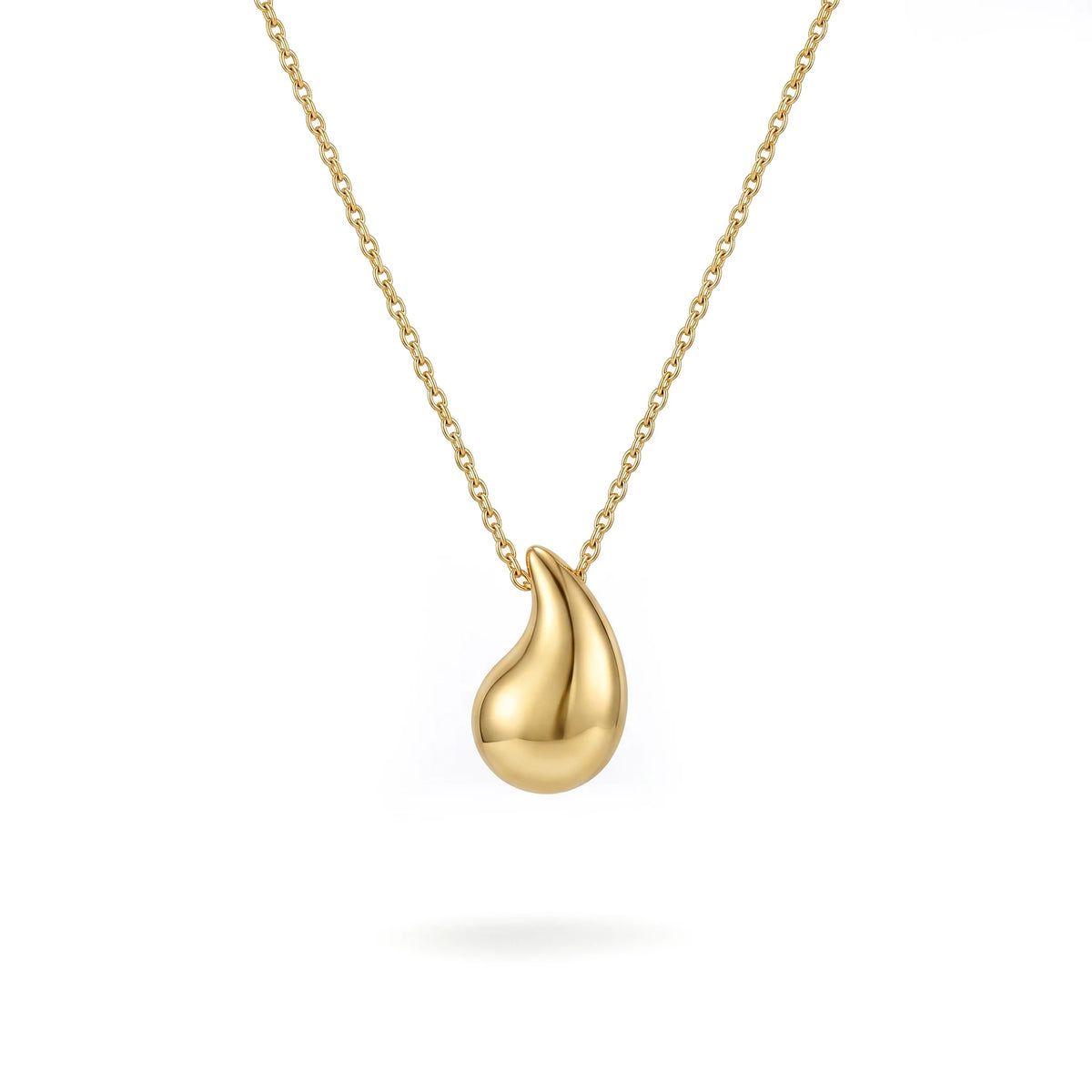 QIAOREN 13984 Link Chain Pendant Necklace with Smooth Puffy Teardrop Water Drop Charm, Polished Gold Minimalist Geometric