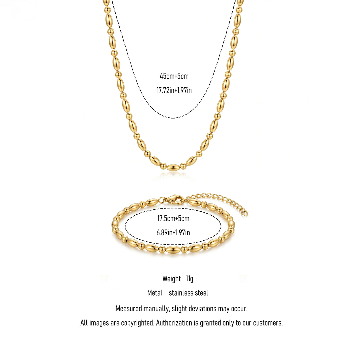 QIAOREN 11632 Waterproof 18K Gold Plated Stainless Steel Rice Bead Jewelry Set Necklace Bracelet Daily Wear