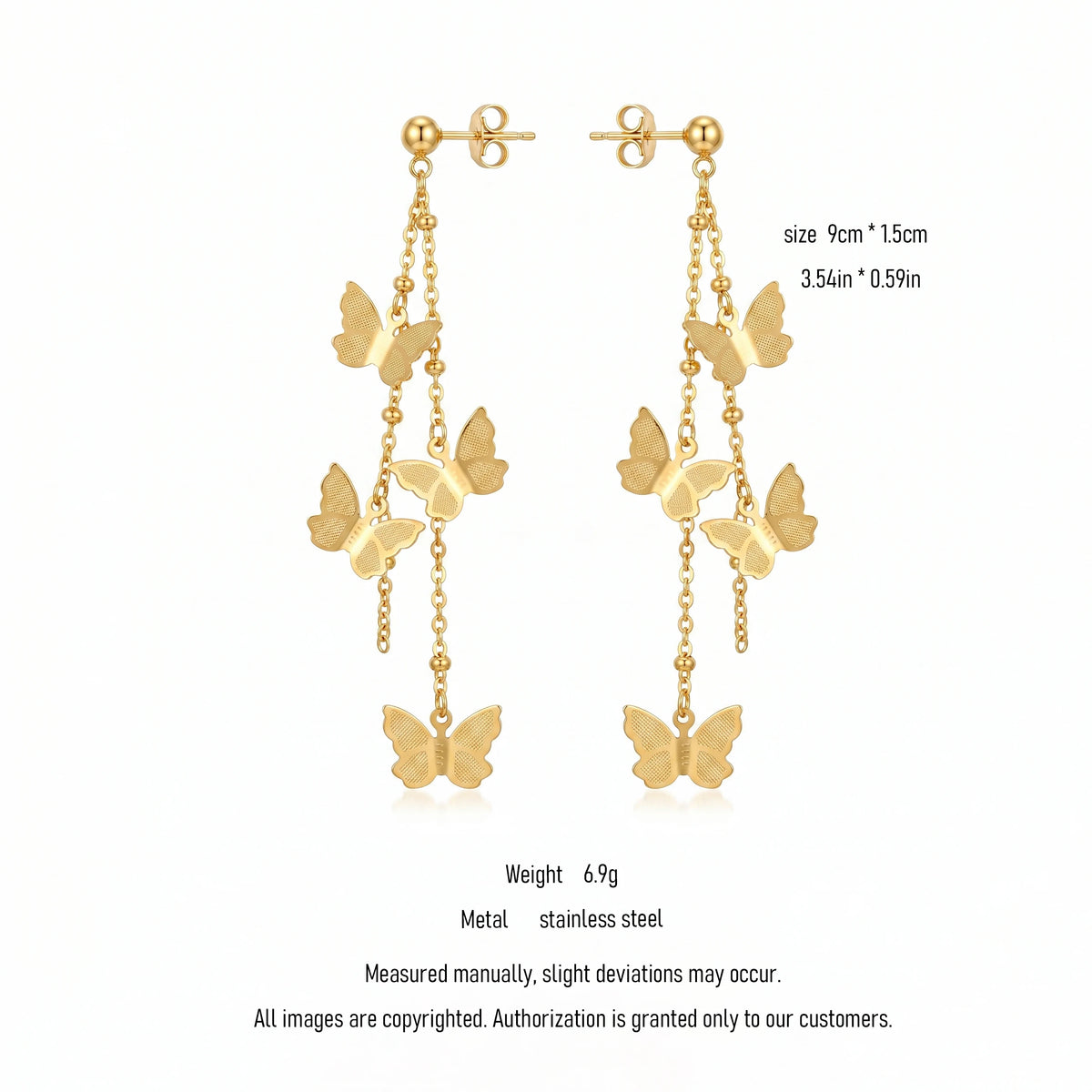 QIAOREN 10788 Dainty Long Tassel Butterfly Dangle Earrings 18K Gold Plated Stainless Steel Waterproof Non Tarnish Women Jewelry