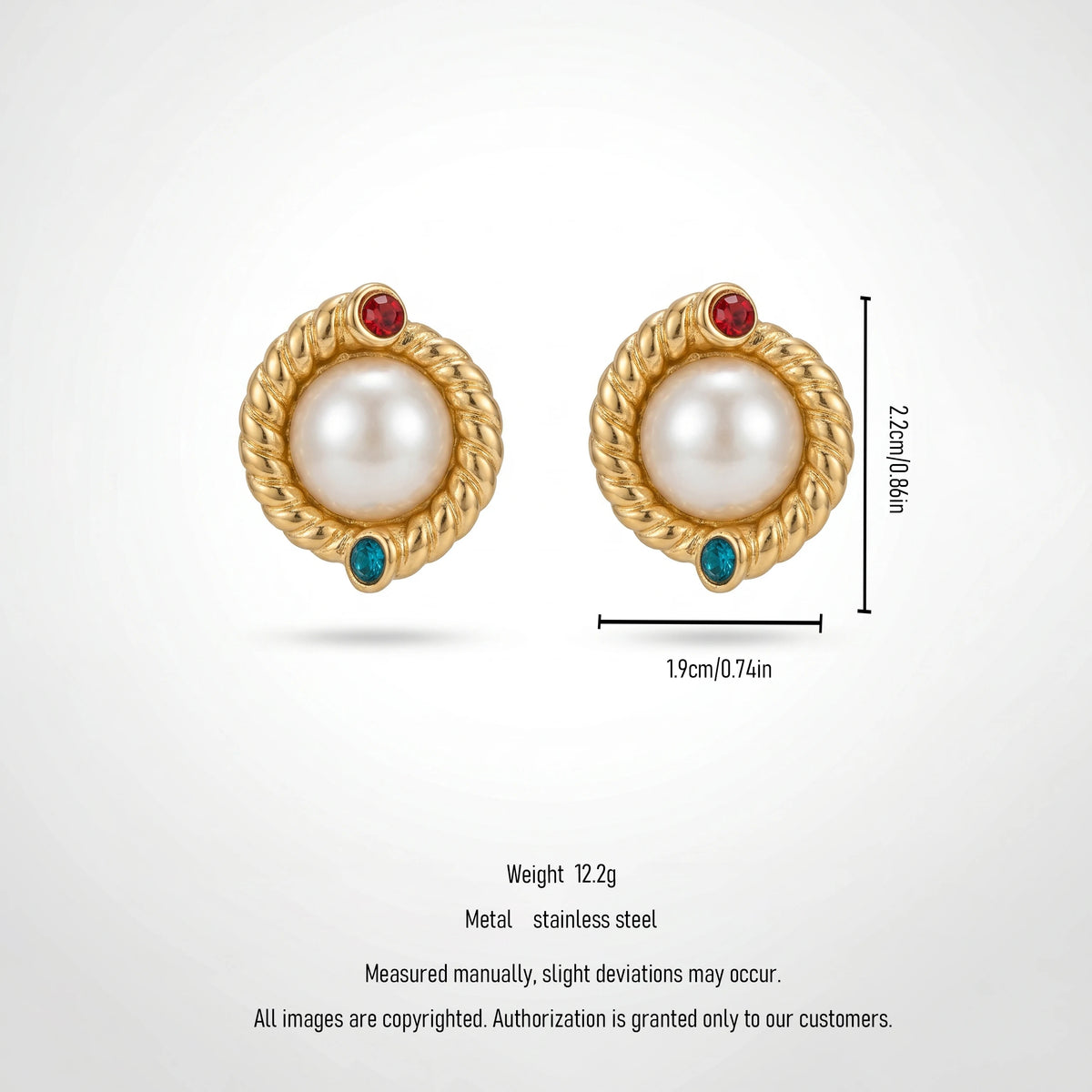 QIAOREN 12262 Byzantine Vintage Pearl Stud Earrings Gold Stainless Steel Twisted Rope Red Blue CZ Accent Jewelry Women US EU