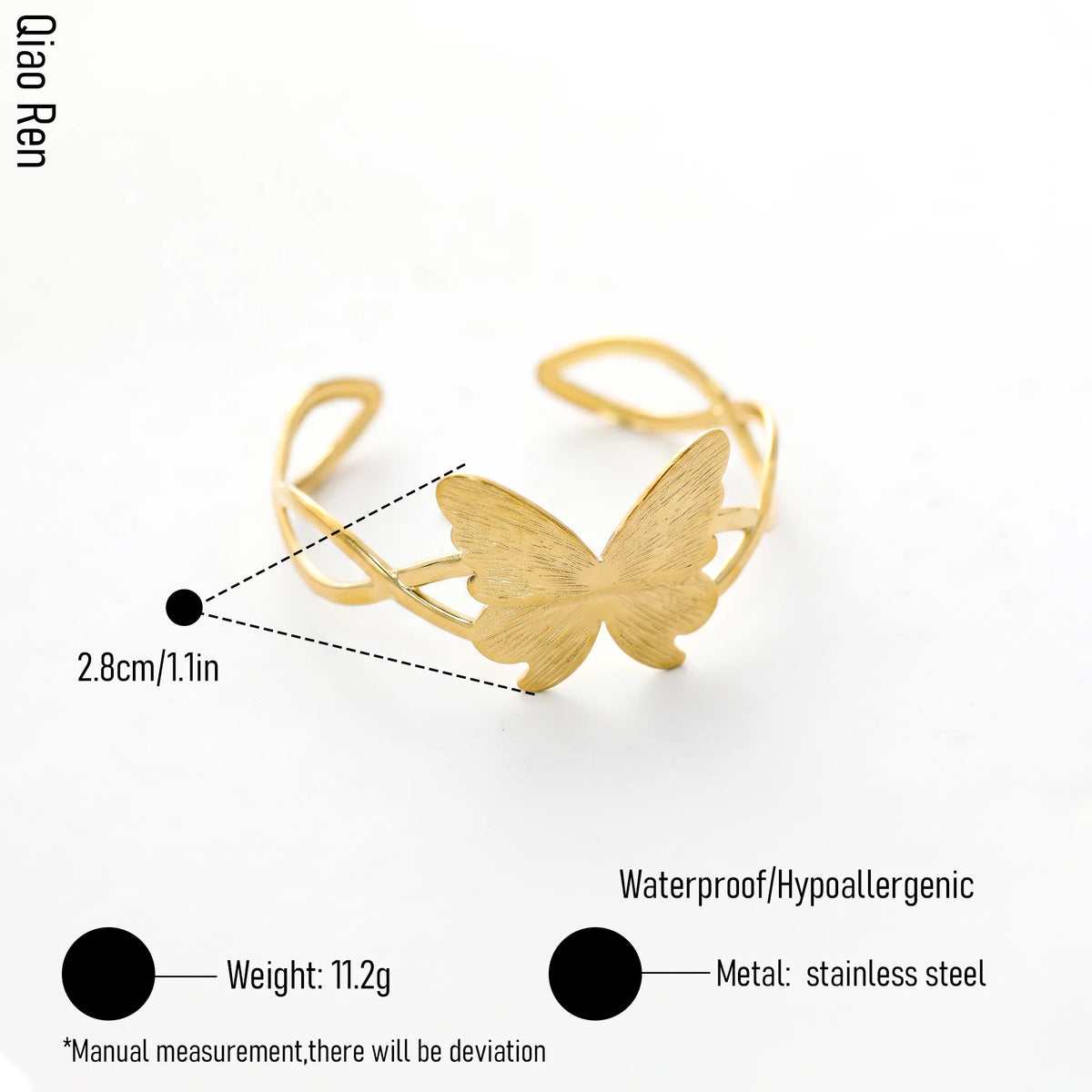 QIAOREN 14108 Stainless Steel Butterfly Open Cuff Bracelet Waterproof Hypoallergenic Jewelry OEM ODM