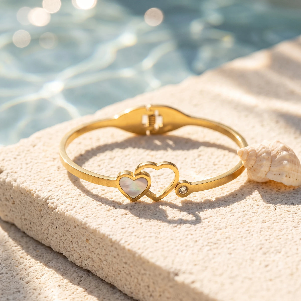QIAOREN 13658 Spring Thin Cuff Bangle with Interlocking Double Heart Charms, Inlaid White Mother of Stone & Tiny Side Zircon