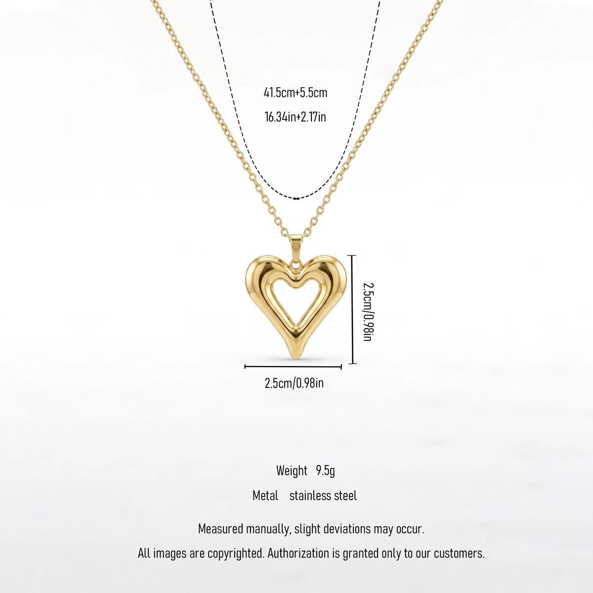 QIAOREN 12894 18K Gold Plated Puffy Heart Necklace, 3D Open Heart Pendant, Waterproof Tarnish Free Stainless Steel Jewelry Women
