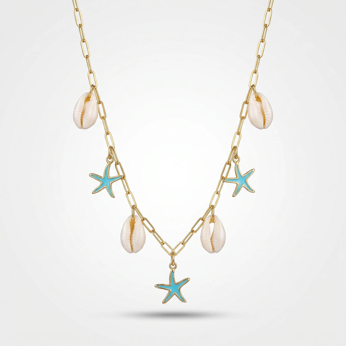 QIAOREN 13540 Paperclip Necklace with Natural Shell & Blue Enamel Starfish Charms, Gold Ocean Beach Necklace