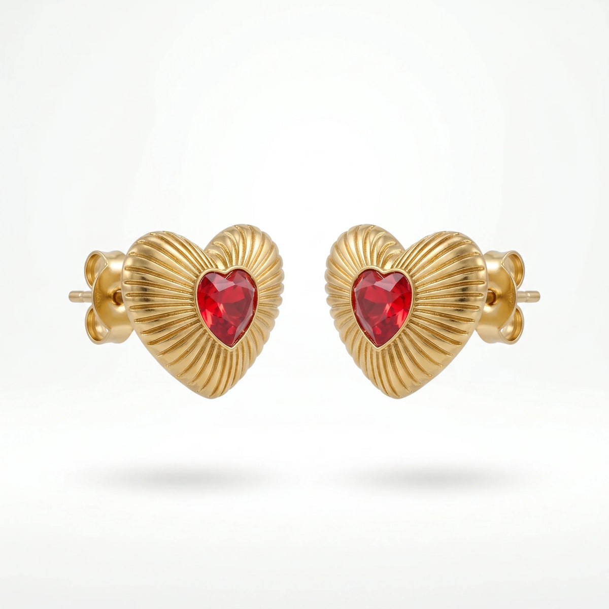 QIAOREN 12205 Gold Plated Stainless Steel Sunburst Heart Stud Earrings