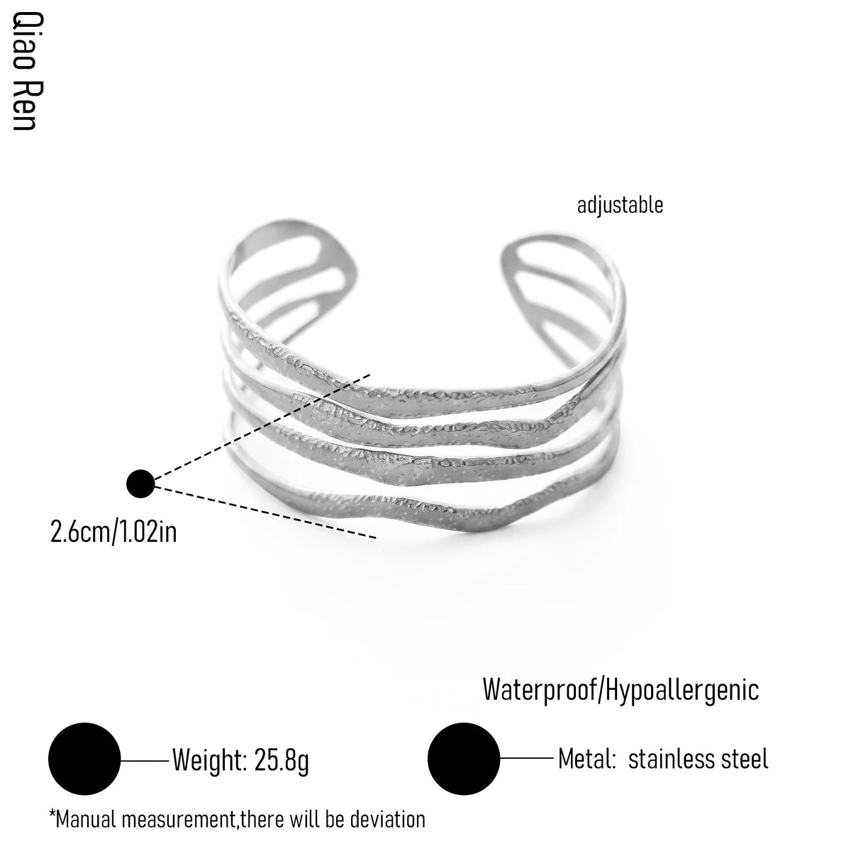 QIAOREN 14094 Stainless Steel Wave Cuff Bracelet Adjustable Waterproof Hypoallergenic Minimalist Jewelry OEM ODM