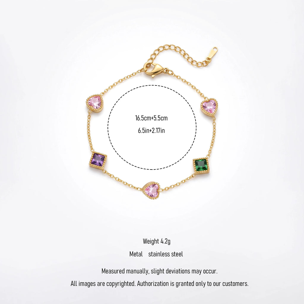 QIAOREN 13415 Stainless Steel CZ Crystal Bracelet Colorful Gemstone Charm Jewelry Dainty Chain Bracelet for Women