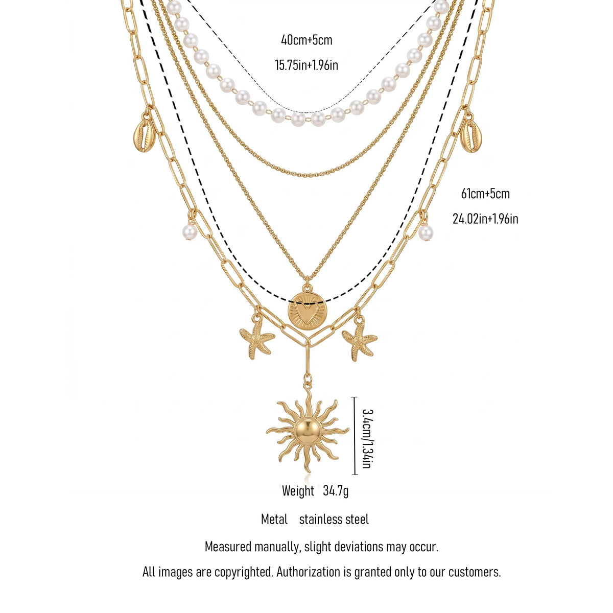 QIAOREN 11532 18K Gold Plated 4 Layer Pearl Cowrie Shell Starfish Sun Pendant Necklace Stainless Steel