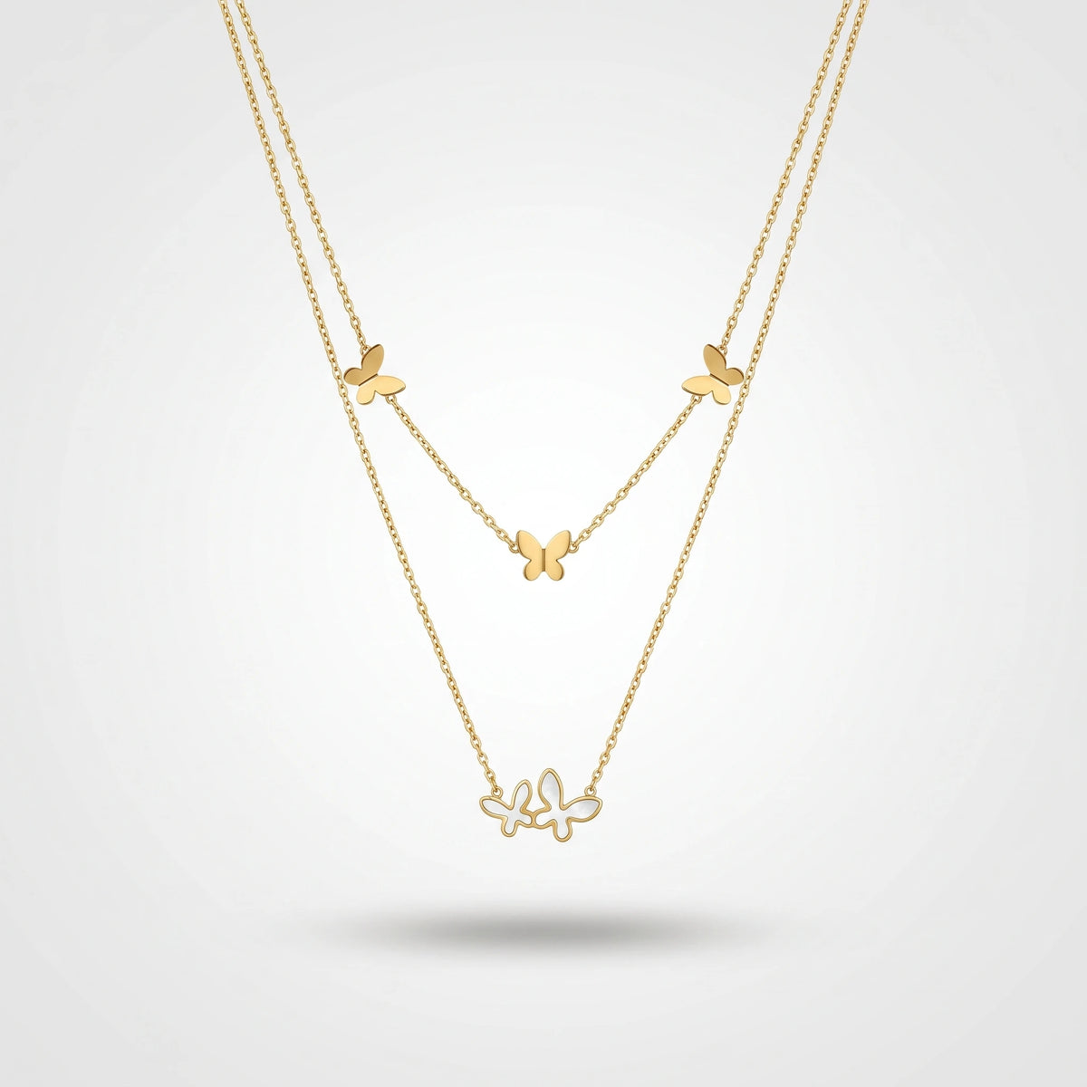 QIAOREN 13937 Double Layer Thin Chain Butterfly Pendant Necklace with Solid Butterflies & Intertwined Mother of Pearl Butterfly