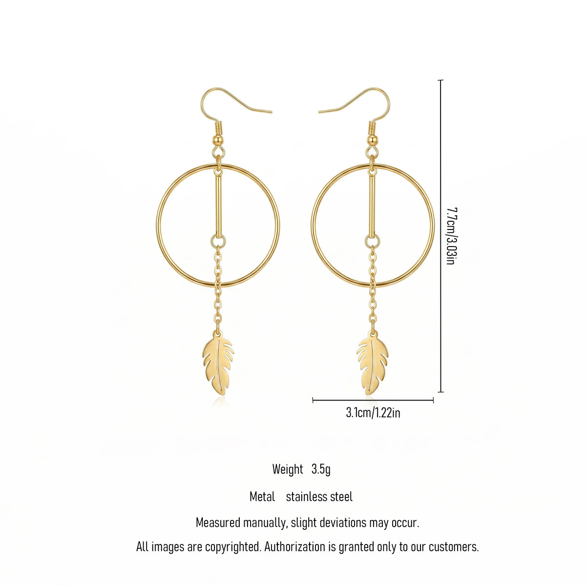 QIAOREN 11853 Elegant Minimalist Circle Bar  Drop Earrings Gold Stainless Steel Long Tassel Leaf Jewelry Gift for Women EU US