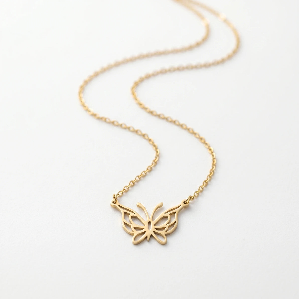 QIAOREN 11982 Trend Bohemian Jewelry Stainless Steel Gold Plated Hollow Cut Butterfly Pendant Necklace  Cable Chain Necklaces