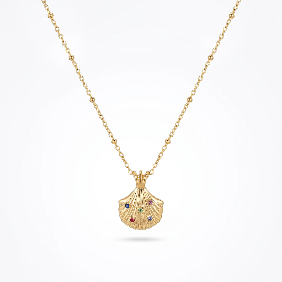 QIAOREN 13550 Stainless Steel Seashell Pendant Necklace Gold Colorful CZ Shell Charm Beach Jewelry Summer Necklace for Women
