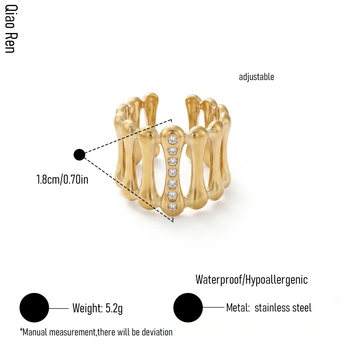 QIAOREN 14251- 61 Vintage Textured Gold Open Cuff Ring Set, Hippie Bohemian Stackable Adjustable Rings for Women