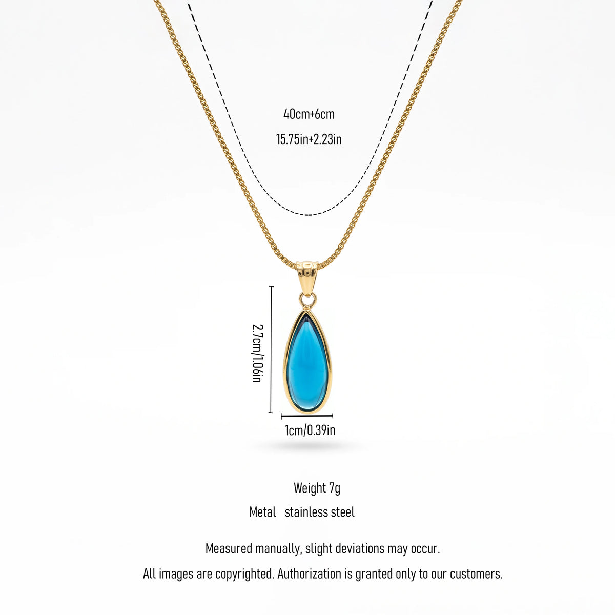 QIAOREN 13844 Stainless Steel Blue Teardrop Pendant Necklace Waterproof Hypoallergenic Minimalist Jewelry for Women