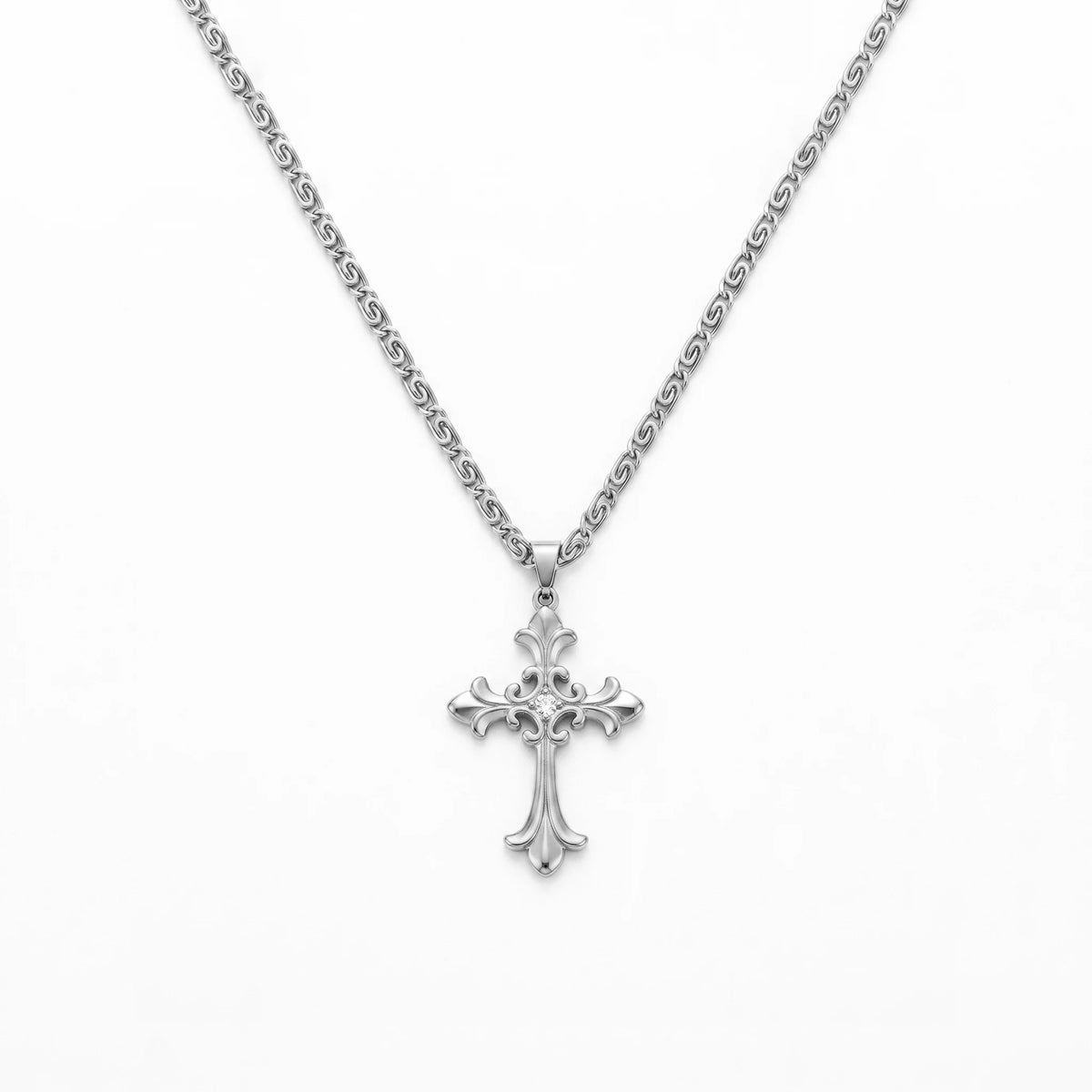 QIAOREN 11969 Wholesale 18K Gold Plated Stainless Steel Cross Pendant Necklace Vintage Engraved Floral Link Chain Engagement