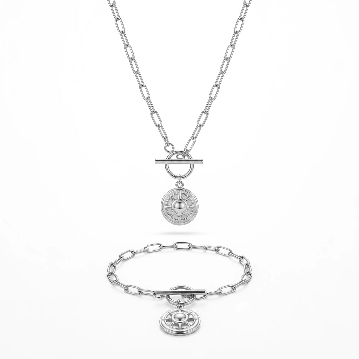 QIAOREN 11897 Waterproof Compass Sun Disc Jewelry Set 18K Gold Stainless Steel 2Pcs Toggle Clasp Paperclip Chain Jewelry