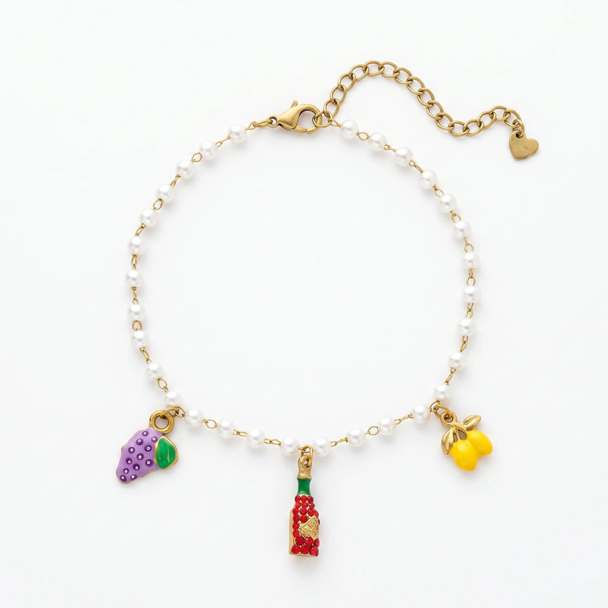 QIAOREN 13308 Sweet Fruit Themed Pearl Anklet Enamel Grape Lemon Rhinestone Wine Bottle Adjustable Heart Jewelry