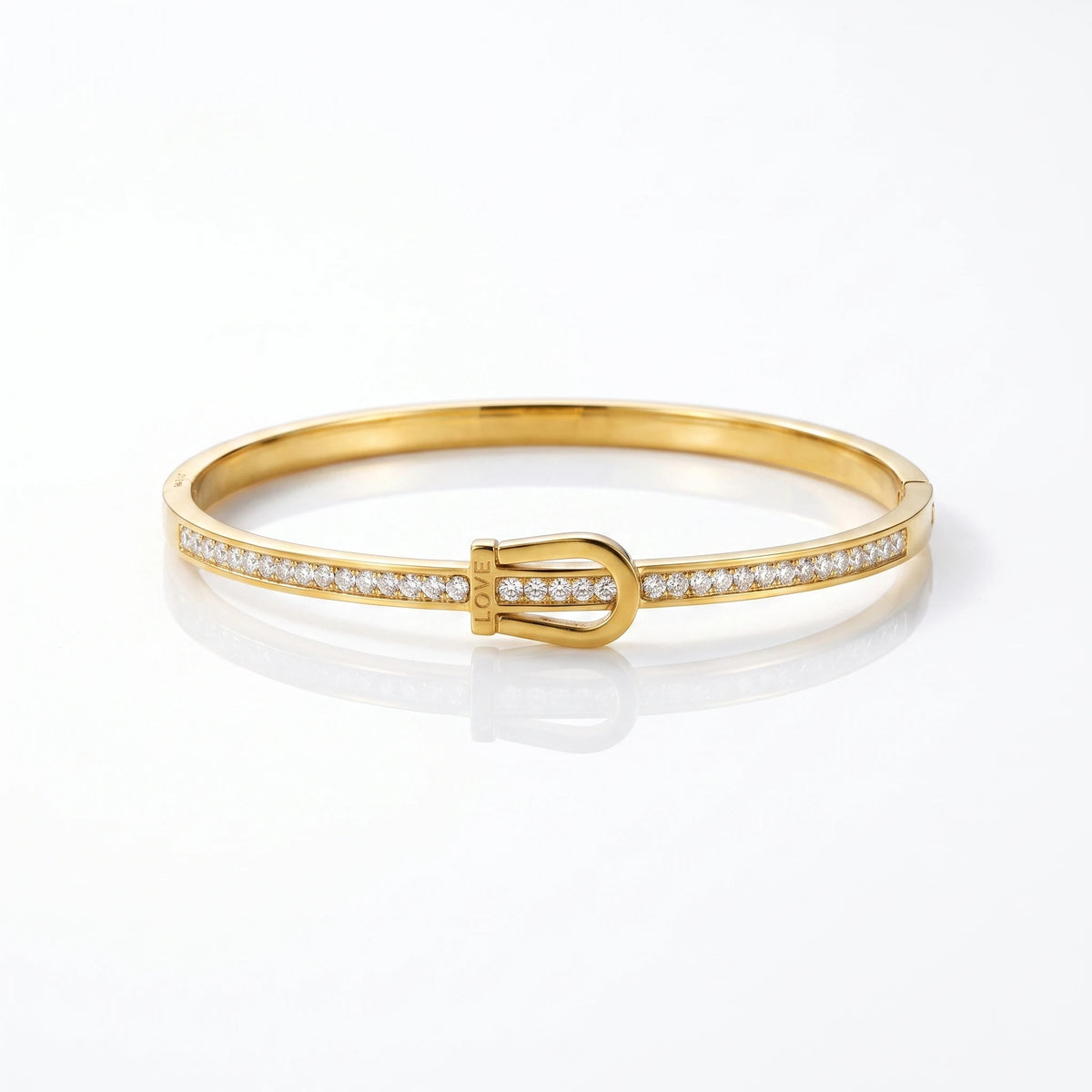 QIAOREN 13661 Polished Buckle Inlaid Clear Zircon Bangle Bracelet with Engraved LOVE Letter, Thin Gold Open Cuff Wrist Jewelry