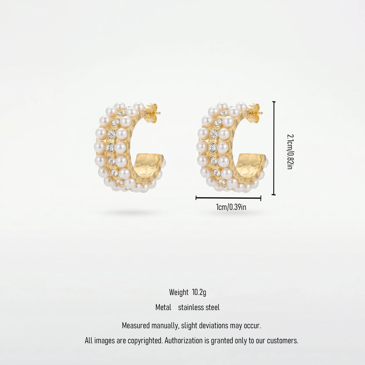 QIAOREN 12269 Elegant Vintage Pearl Crystal Earrings Gold Stainless Steel Chunky C-Hoop Bridal Statement Jewelry Gift