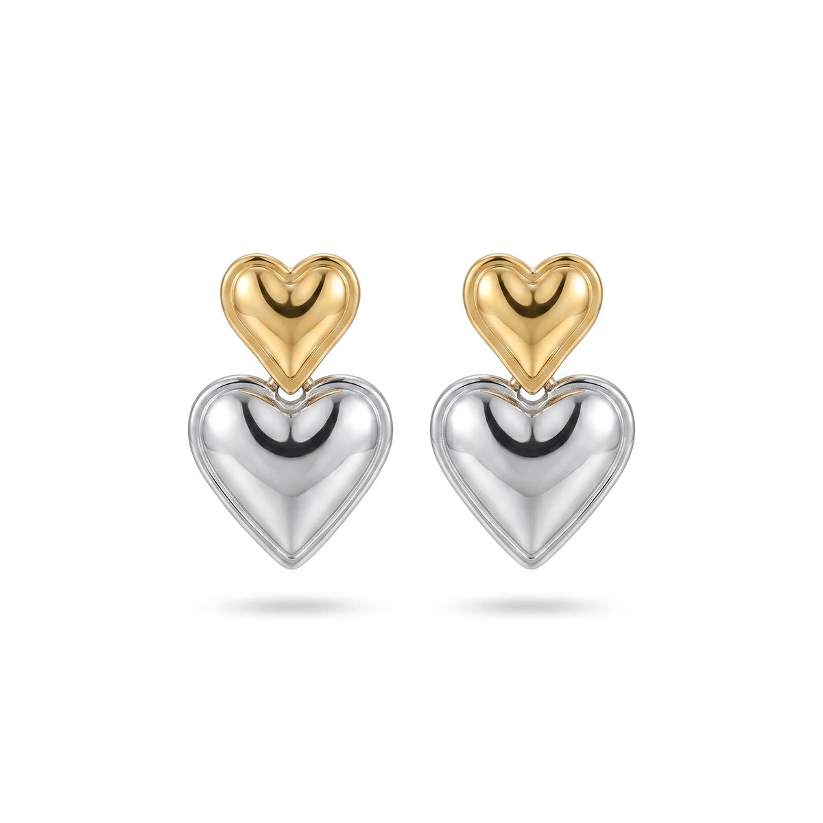 QIAOREN 12523  Two Tone Mixed Metal Double Heart Drop Earrings Gold Silver 316L Stainless Steel Puffy Heart Studs
