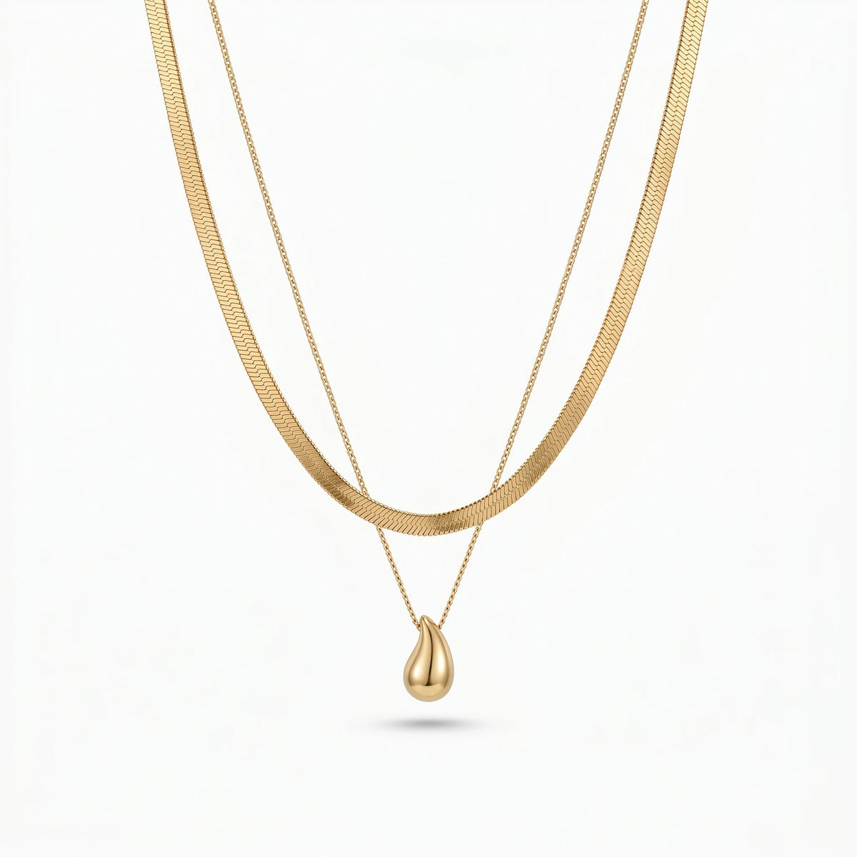QIOAREN 12882 18K Gold Plated Herringbone Snake Chain Layered Necklace, Waterproof Tarnish Free Teardrop Pendant Stainless Steel