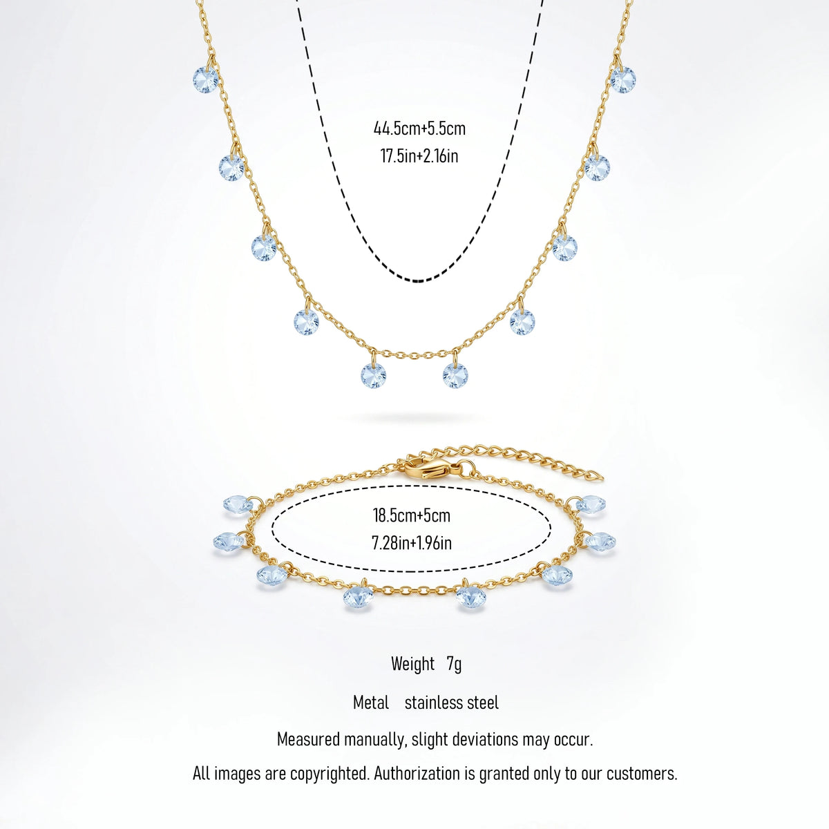 QIAOREN 11935 Waterproof Blue Zirconia Jewelry Set Stainless Steel Gold Station Dangle Necklace Bracelet Gift for Women US