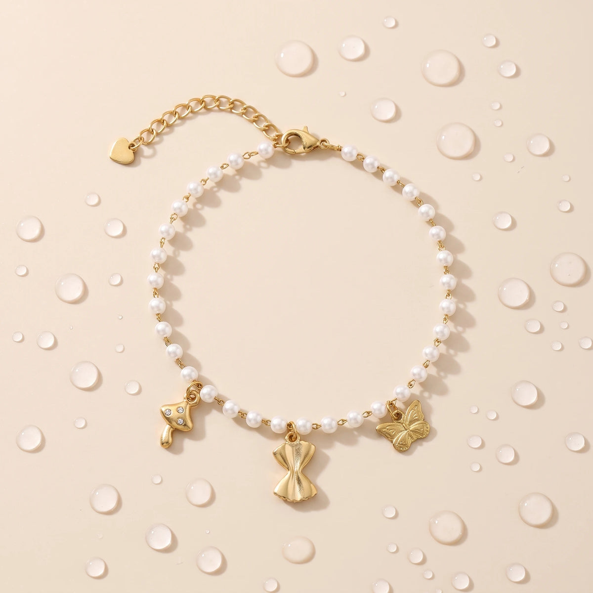QIAOREN 13326 Mini Pearl Anklet with Mushroom, Bow & Butterfly Charms, Fairy Foot Jewelry Gift for Daily Summer Casual Look