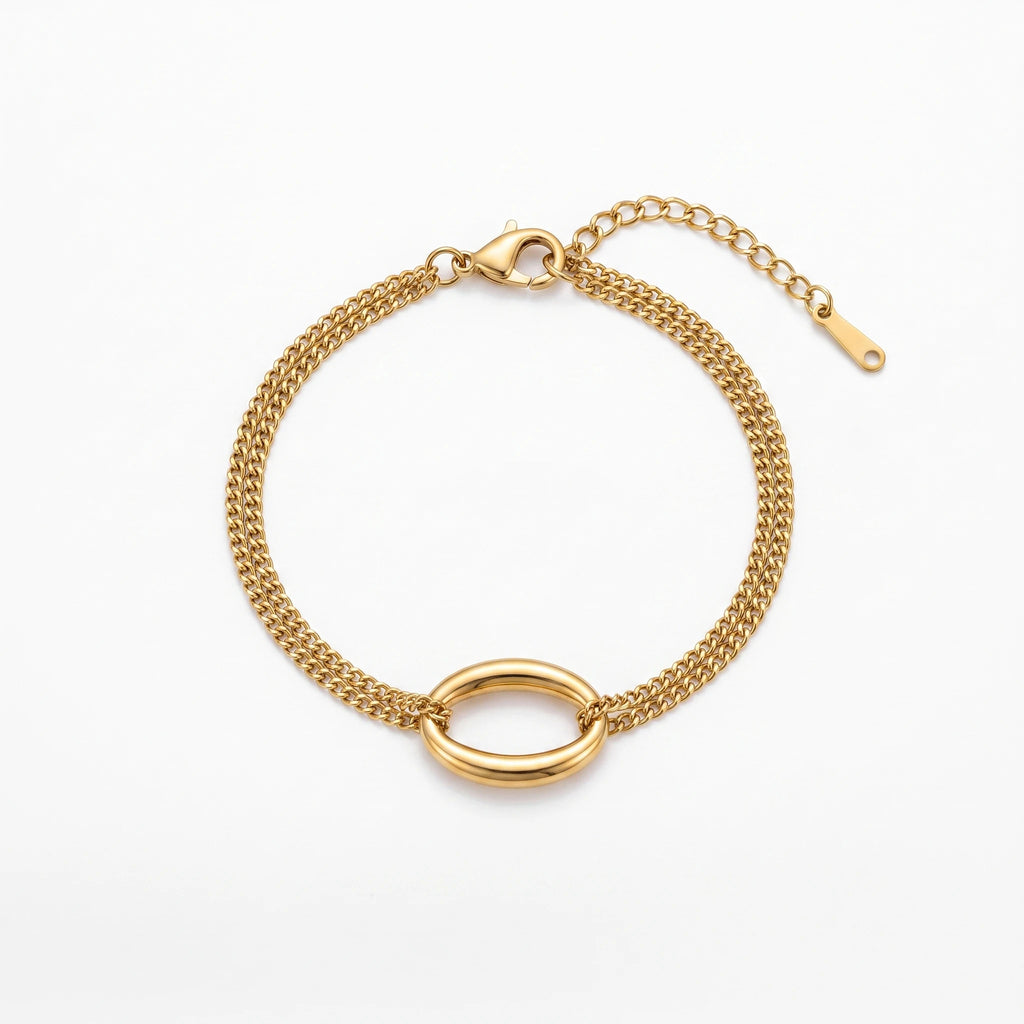 QIAOREN 13974 Stainless Steel Double Chain Bracelet Gold Oval Link Bracelet Adjustable Minimalist Jewelry for Women
