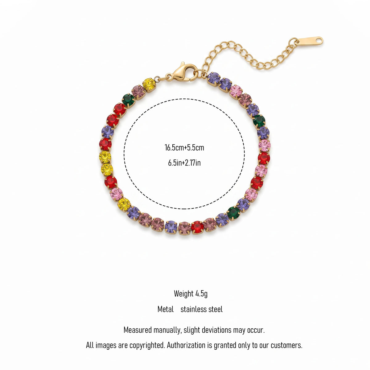 QIAOREN 13367 Gold Plated Stainless Steel Rainbow Tennis Bracelet Colorful Crystal CZ Bracelet for Women