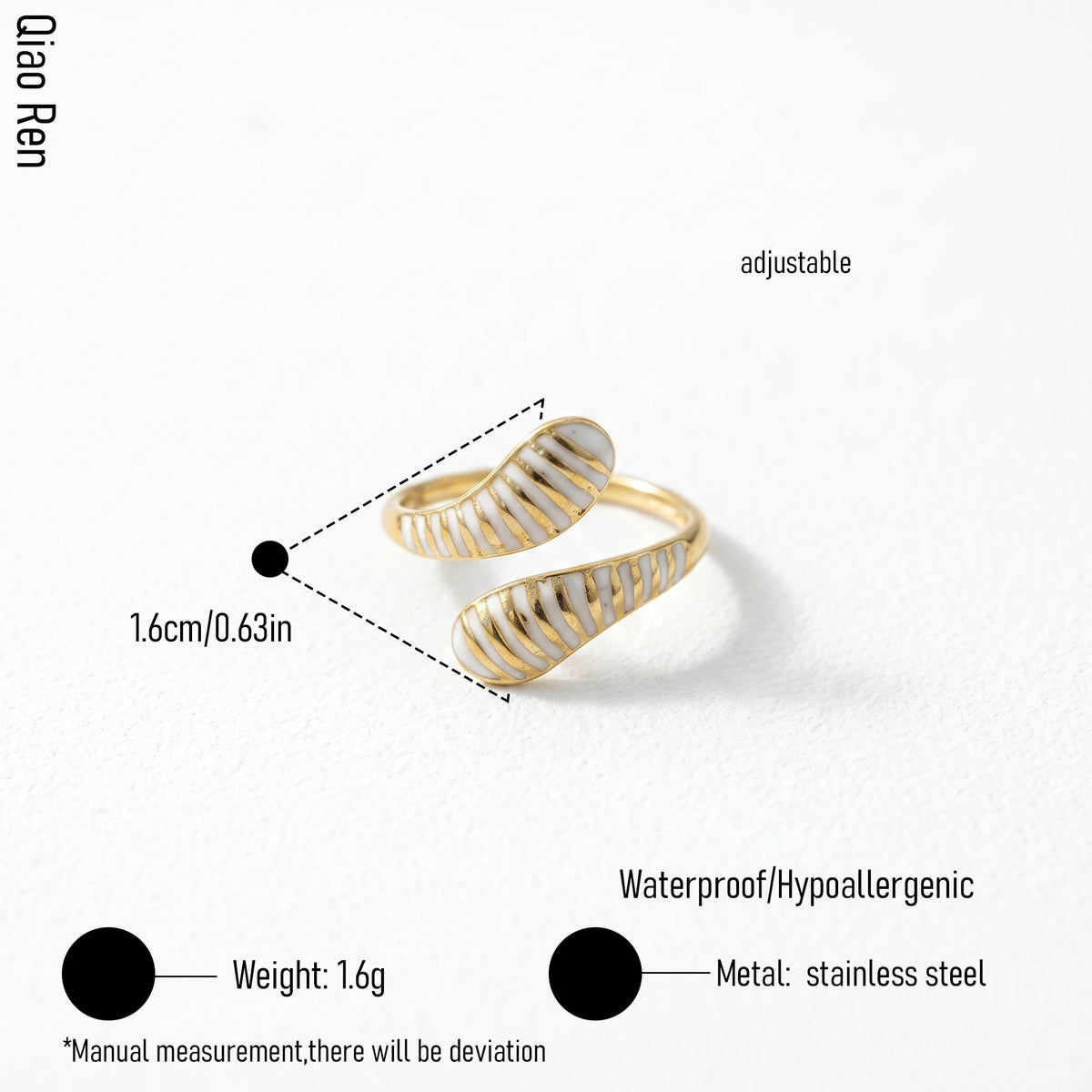 QIAOREN 14232-38 White Enamel Irregular Wave Open Ring Set, Abstract Curved Adjustable Stackable Ring Jewelry Gift