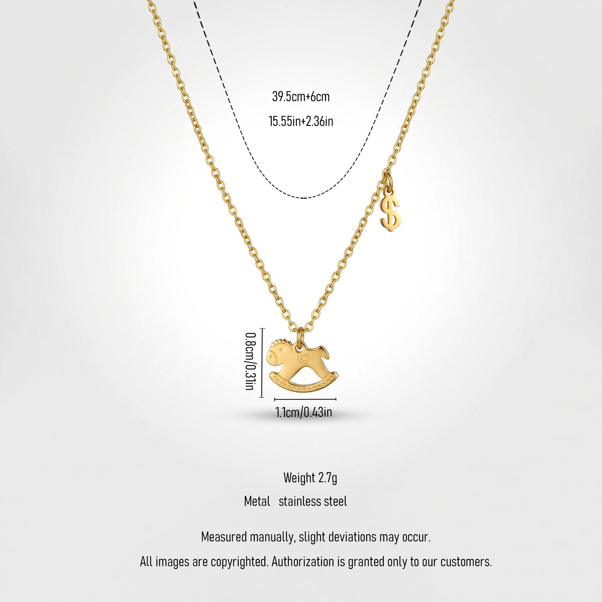 QIAOREN 13811 Thin Oval Link Chain Pendant Necklace with Engraved Rocking Horse Charm & Mini Dollar Sign Side