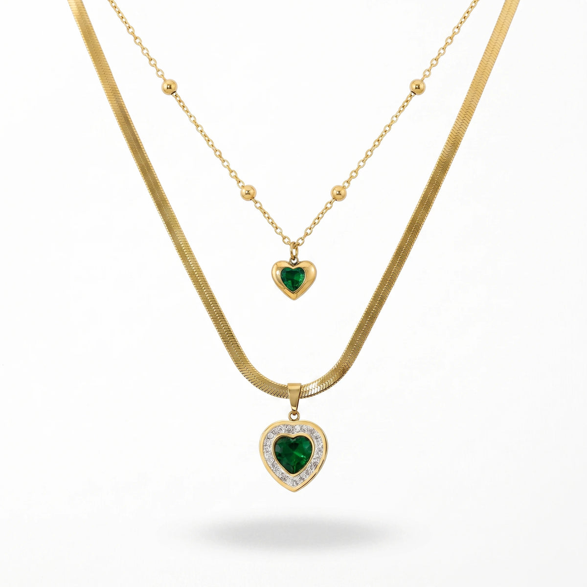 QIAOREN 13527 Double Layer Green Heart Pendant Stack Necklace with Flat Snake & Beaded Cable Chain, Small & Large Emerald Zircon