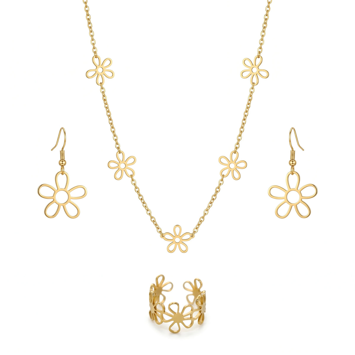 QIAOREN 11571 18K Gold Plated Stainless Steel Hollow Daisy Jewelry Set, 3 Piece Necklace Earrings Ring Set for Women Summer Wear