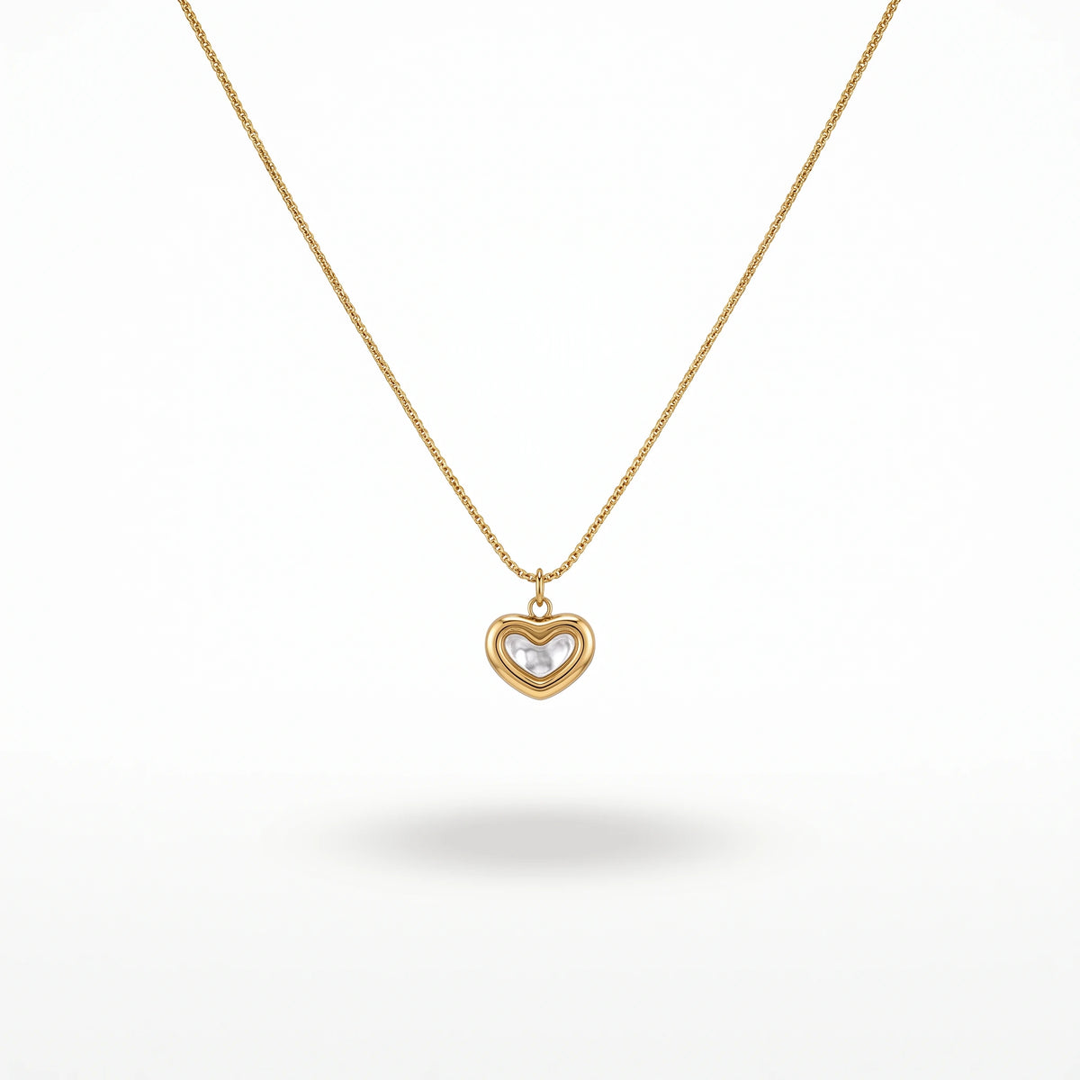 QIAOREN 13512 Dainty Double Layered Heart Pendant Necklace with White Shell Inlay, Smooth Gold Frame Thin Cable Chain Necklace